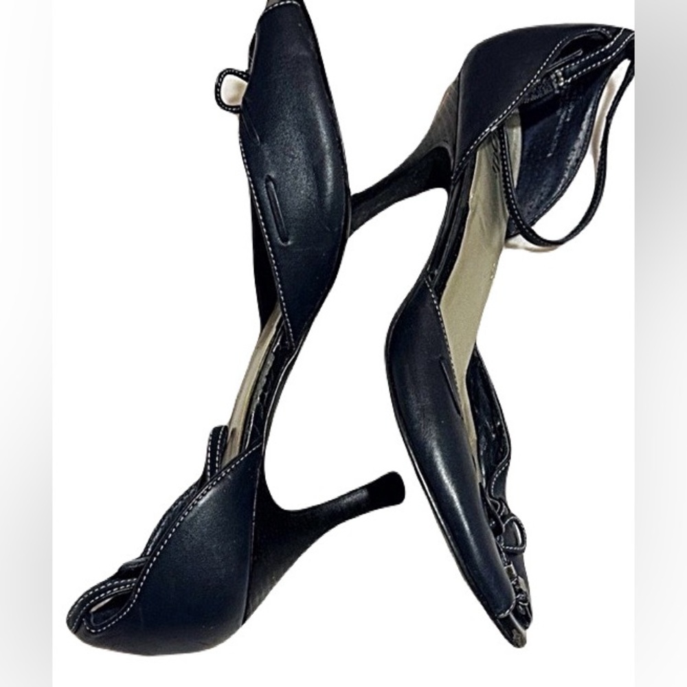 East 5th Black Leather Ankle Strap Heels